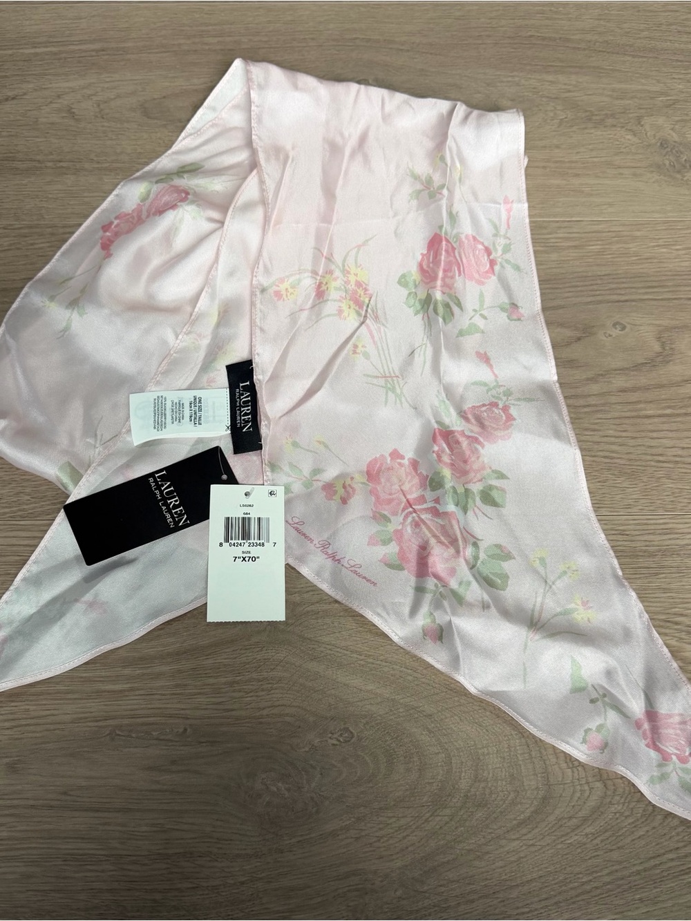 Ralph Lauren Pink Floral 100% Silk Scarf 7”x70”